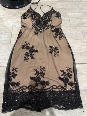 JLUXLABEL Black Lace Embroidered Nude Mini Dress